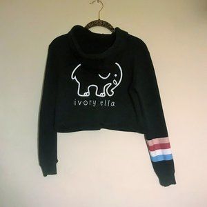 IVORY ELLA black cropped hoodie w/ elephant logo